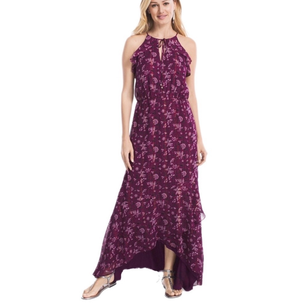 WHBM Floral Purple High Low Maxi Dress Ruffle Detail